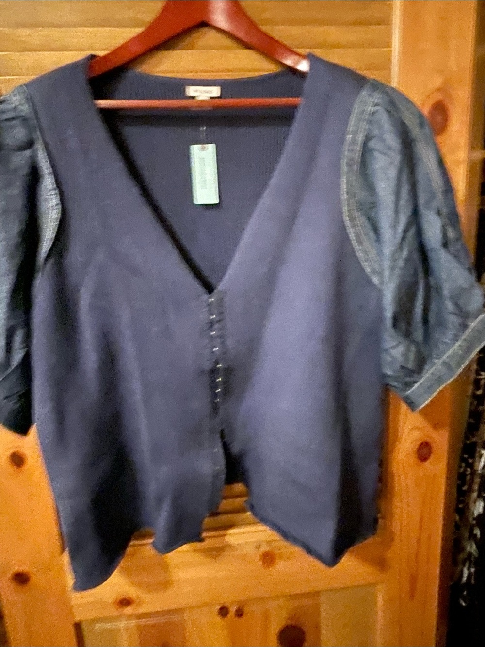 Anthropologie denim Blue Button-Front Top with Denim Puff Sleeves